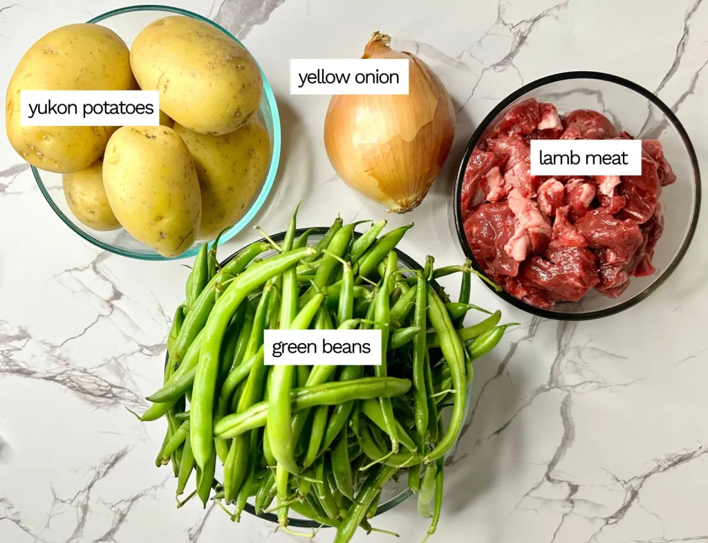 green bean lamb stew ingredients, green bean bredie ingredients, lamb stew ingredients, lamb, potatoes and green beans