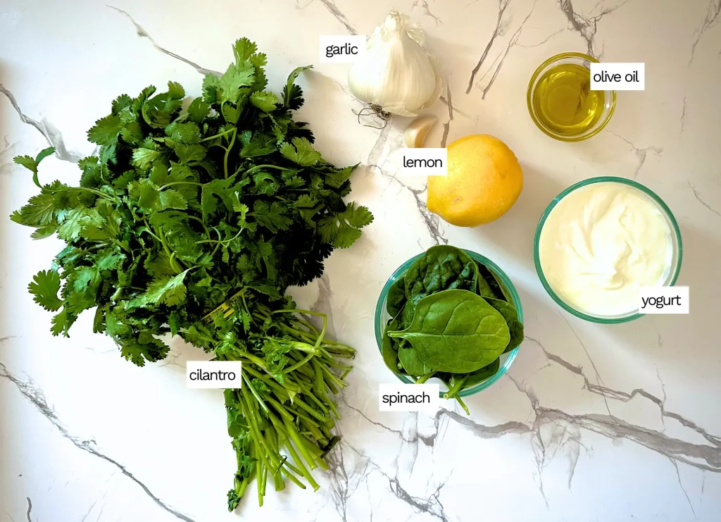ingredients for cilantro yogurt sauce on a white marble counter including cilantro, lemon, garlic and yogurt