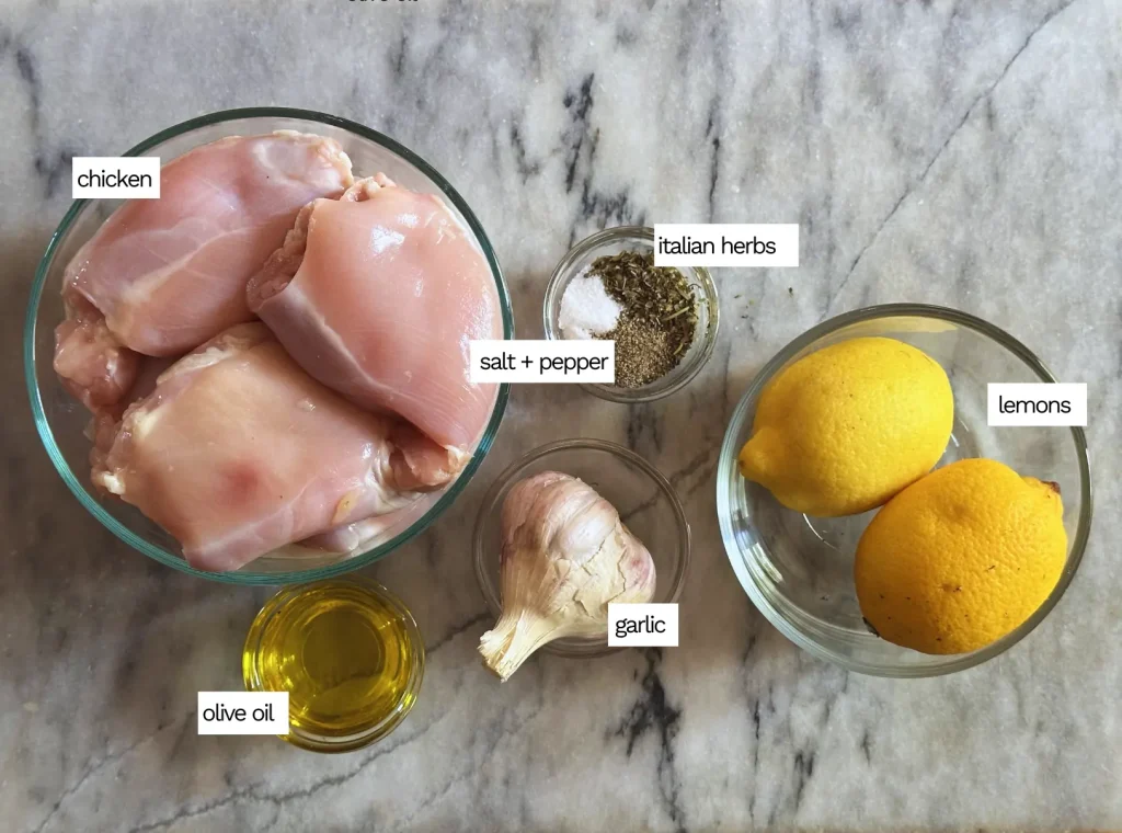 photo of ingredients including chicken, lemons and garlic